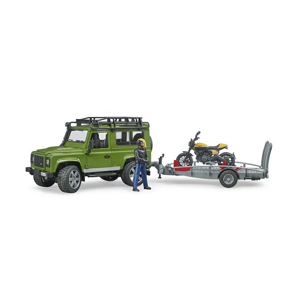 BRUDER LAND ROVER DEFENDER WITH TRAILER &amp; SCRAMBLER